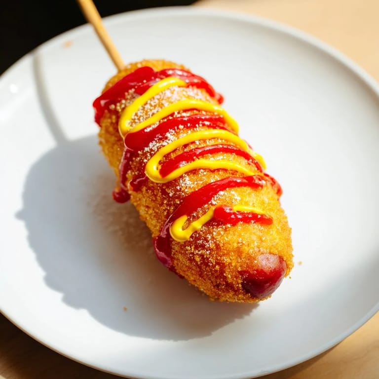 A close-up of freshly made Korean-Inspired Corn Dogs, ready to be enjoyed with mustard and a sweet dusting.
