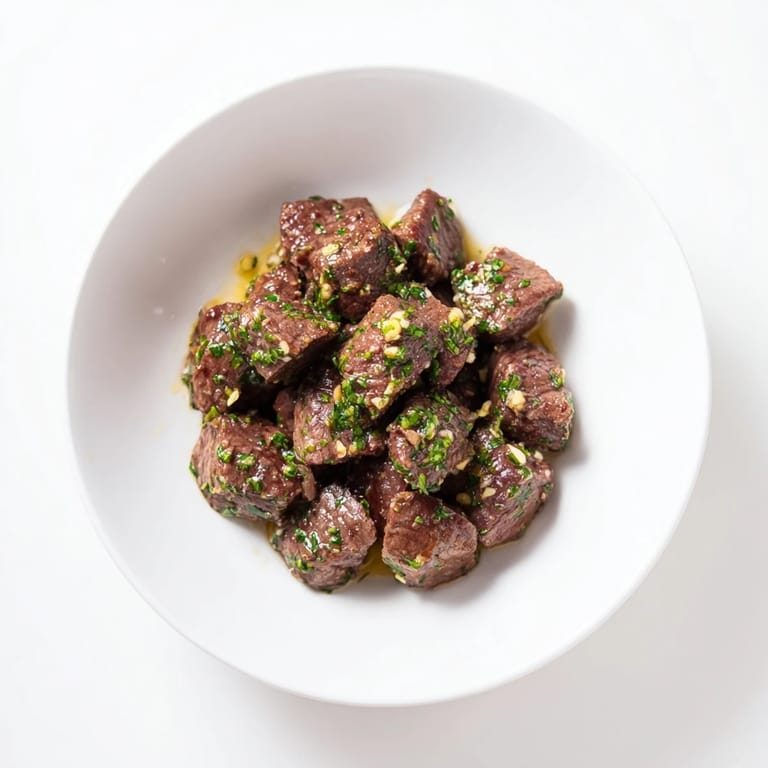 Close-up image of sizzling air-fryer garlic-butter steak bites, deliciously aromatic and ready to eat.