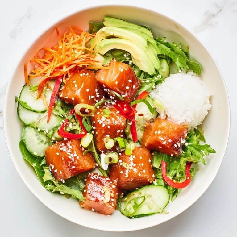 Close-up of a vibrant Poke Bowl Salad featuring marinated fish and crisp vegetables.