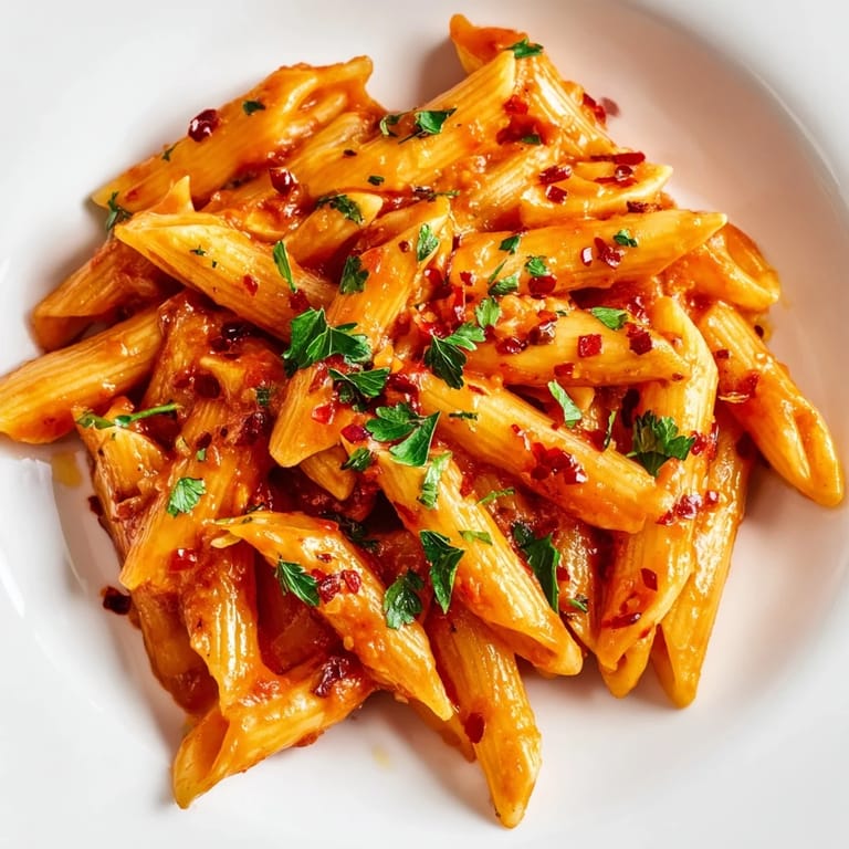 Close-up of spicy penne all'arrabbiata, garnished with fresh parsley, ready to be enjoyed.