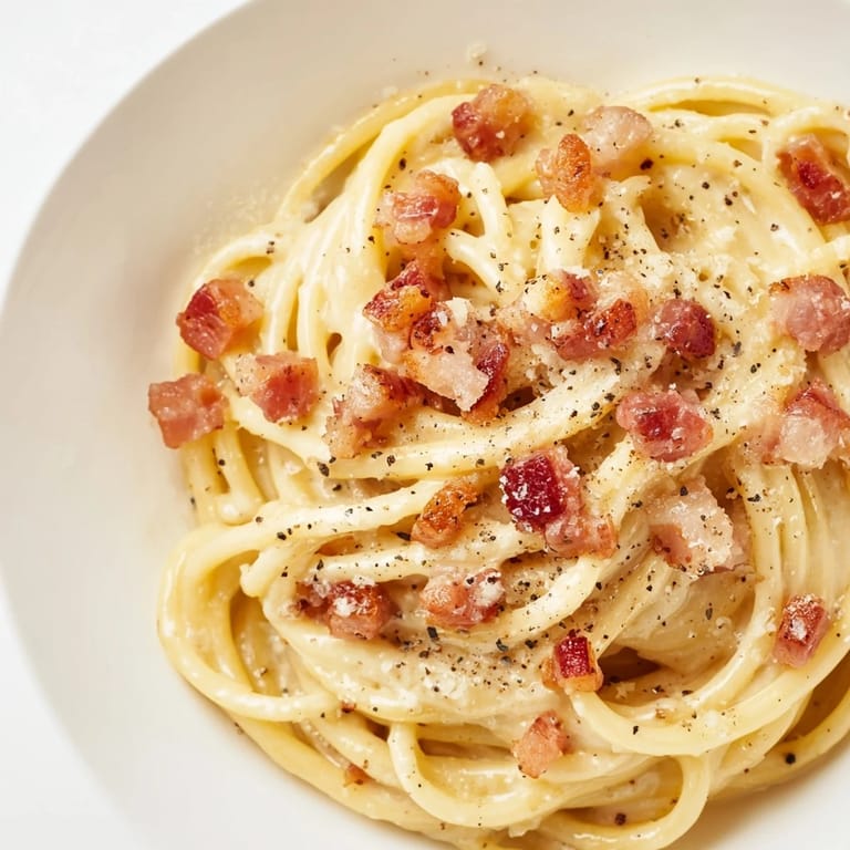 Golden, crispy bacon bits topping a fresh plate of Express Spaghetti Carbonara, ready to be enjoyed.