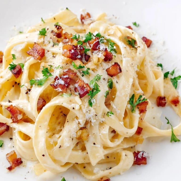 Delicious creamy garlic bacon pasta, served with fresh parsley and extra Parmesan cheese.