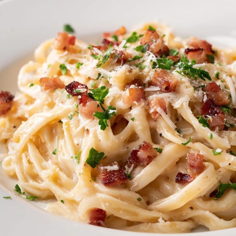 A close-up view of steaming creamy garlic bacon pasta, highlighting the rich cream sauce.