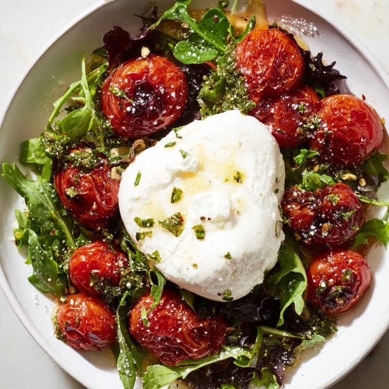 Bright red, blistered tomatoes sit atop greens with burrata in this simple Charred Tomato Salad.
