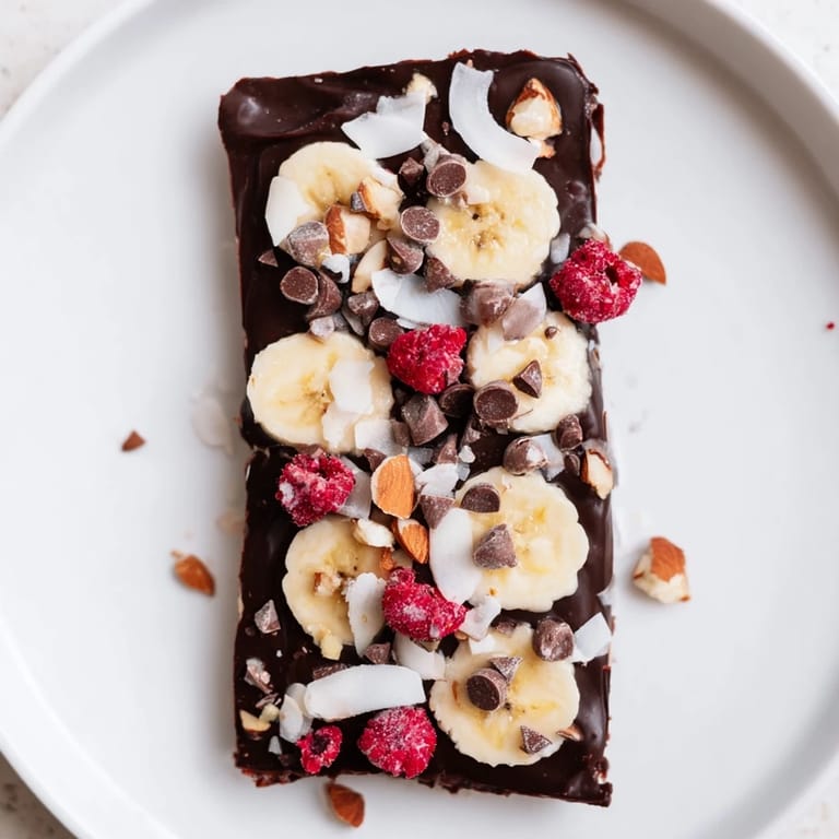 Close-up of Chocolate Banana Bark, showing chocolate covering banana slices and almond sprinkles.