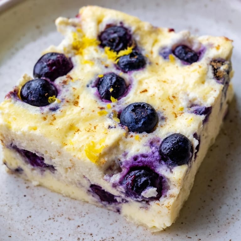 A comforting photo shows a freshly baked blueberry cottage cheese bake, ready to be sliced and served.