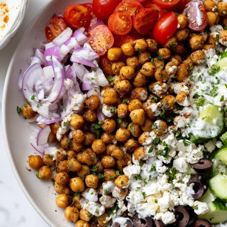 A flavorful Mediterranean Chickpea Bowl featuring golden chickpeas, crunchy vegetables, and creamy tahini sauce is ready!