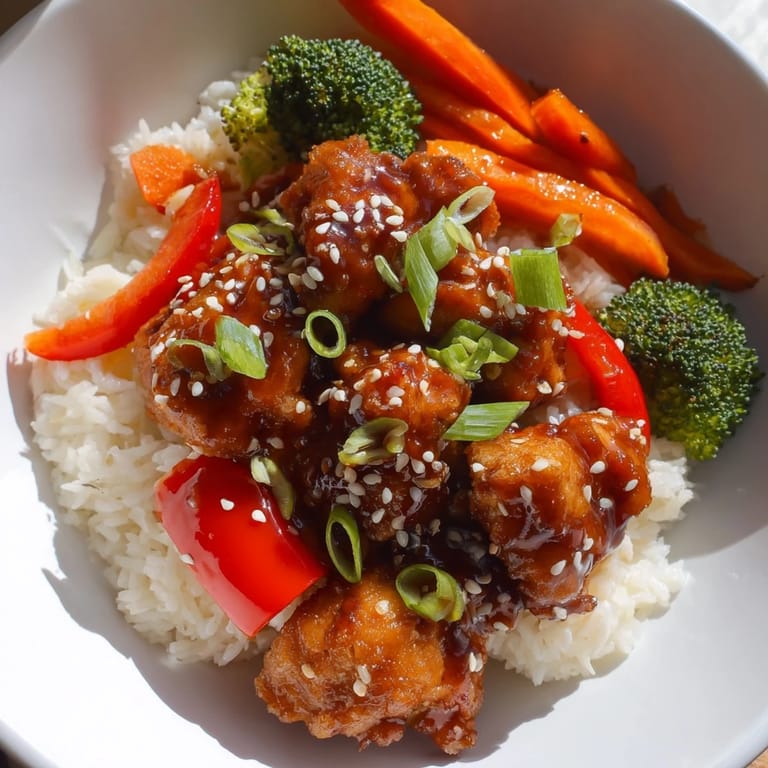 A delicious close-up of teriyaki chicken rice shows chicken coated in thick, flavorful teriyaki sauce.