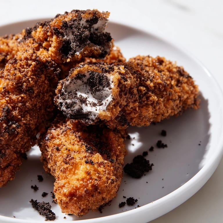 Close-up of freshly fried, Oreo-coated DIY KFC Oreo Krusher-Inspired Fried Chicken Tenders, showing its texture.