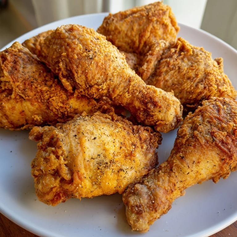 Freshly fried KFC crispy chicken arranged beautifully, displaying the crunchy, seasoned coating after frying.