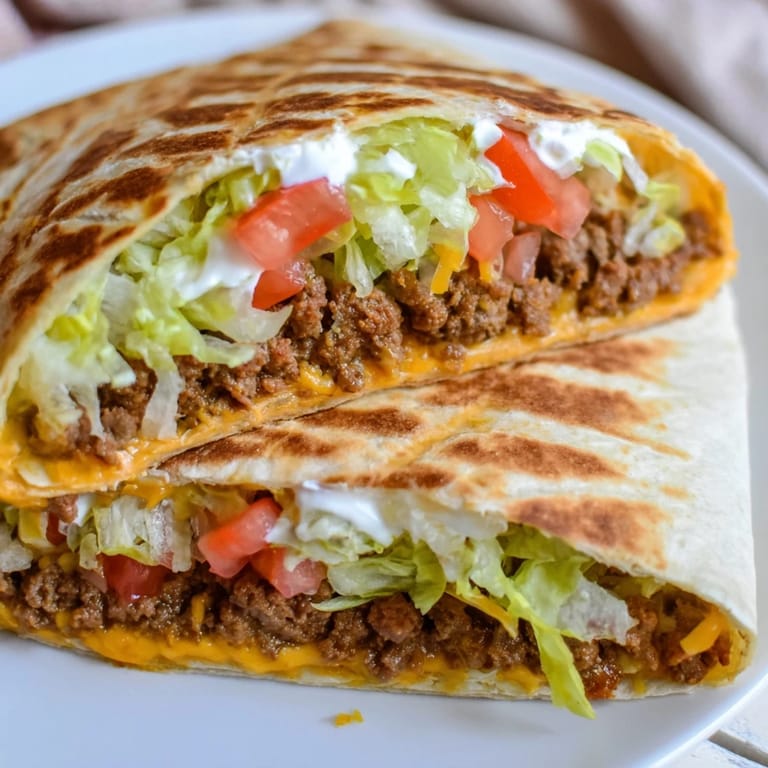 A close-up of a perfectly constructed Taco Bell Crunchwrap Supreme, ready to be sliced, showcasing delicious fillings.