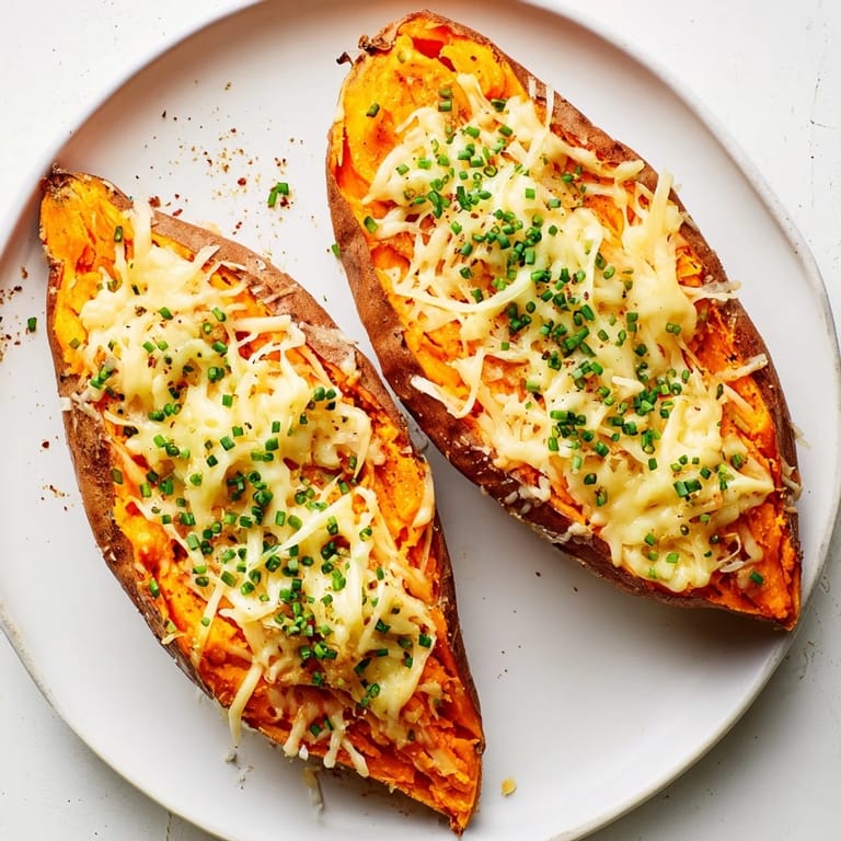 Golden-brown skin encases the cheesy delight of this Sweet Potato & Cheese Whole Roast, ready for a comforting bite.