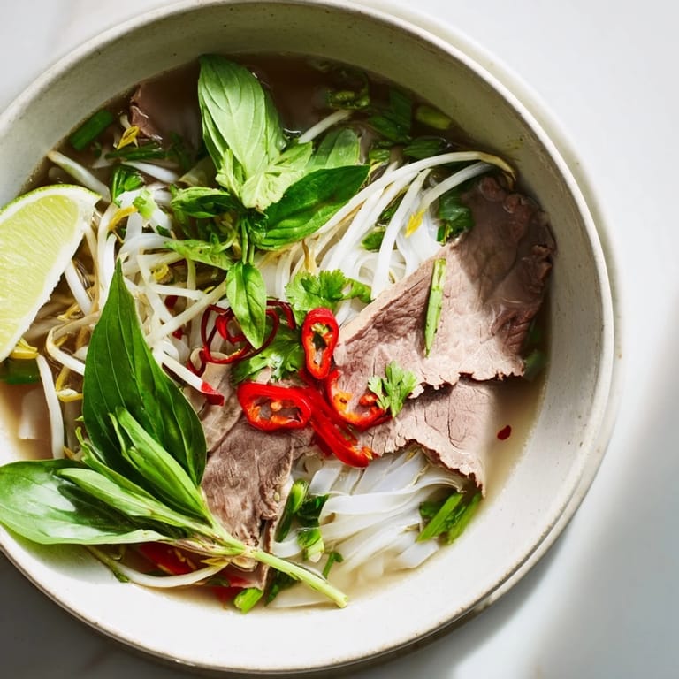Fragrant broth overflowing a bowl of Vietnamese Pho Express, garnished with fresh cilantro and basil.