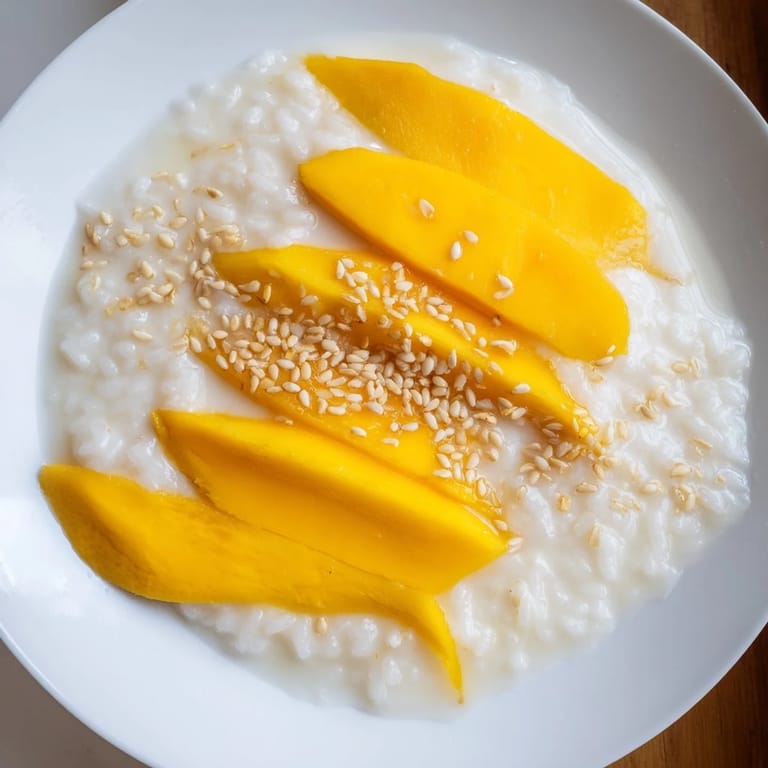 Coconut-covered sticky rice beside fresh mango, a classic Thai Mango Sticky Rice dessert.