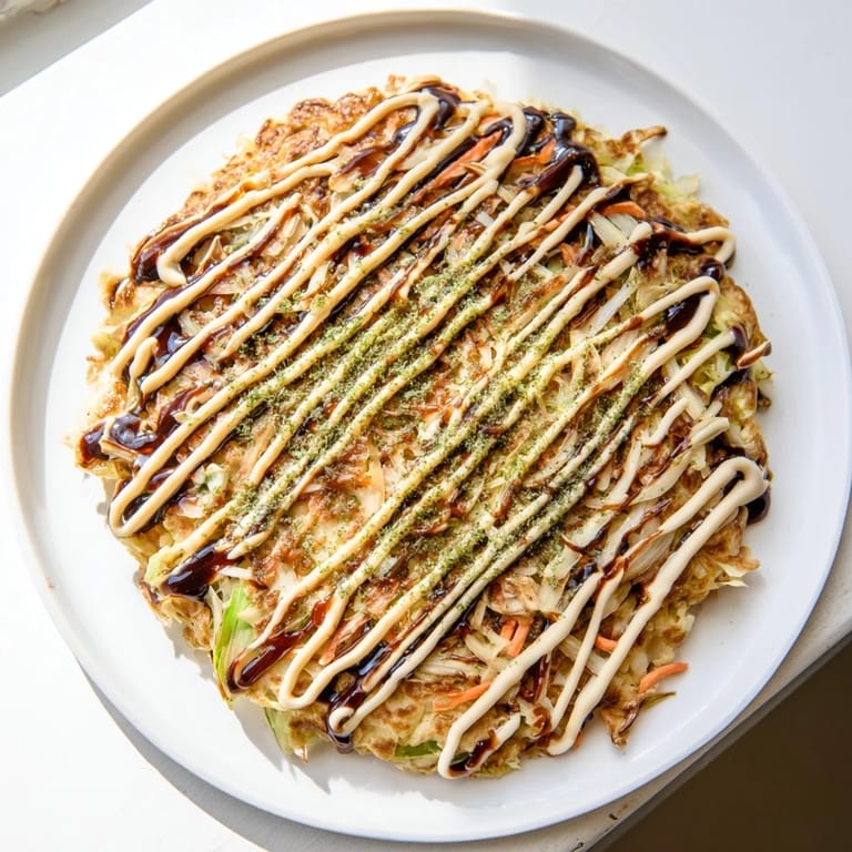 Fragrant and colorful: Homemade Japanese okonomiyaki pancakes topped with seaweed and pickled ginger, perfect for lunch.