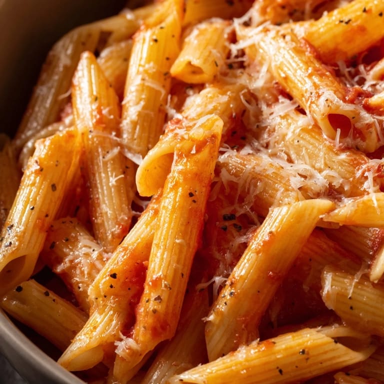 An overhead view of a single serving of Microwave Bowl Pasta with Parmesan and black pepper, steam rising, set on a rustic wooden table.
