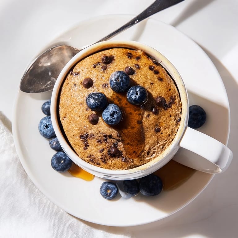 Golden and moist, the Microwave Mug Pancake is topped with fresh blueberries and ready for a quick breakfast.