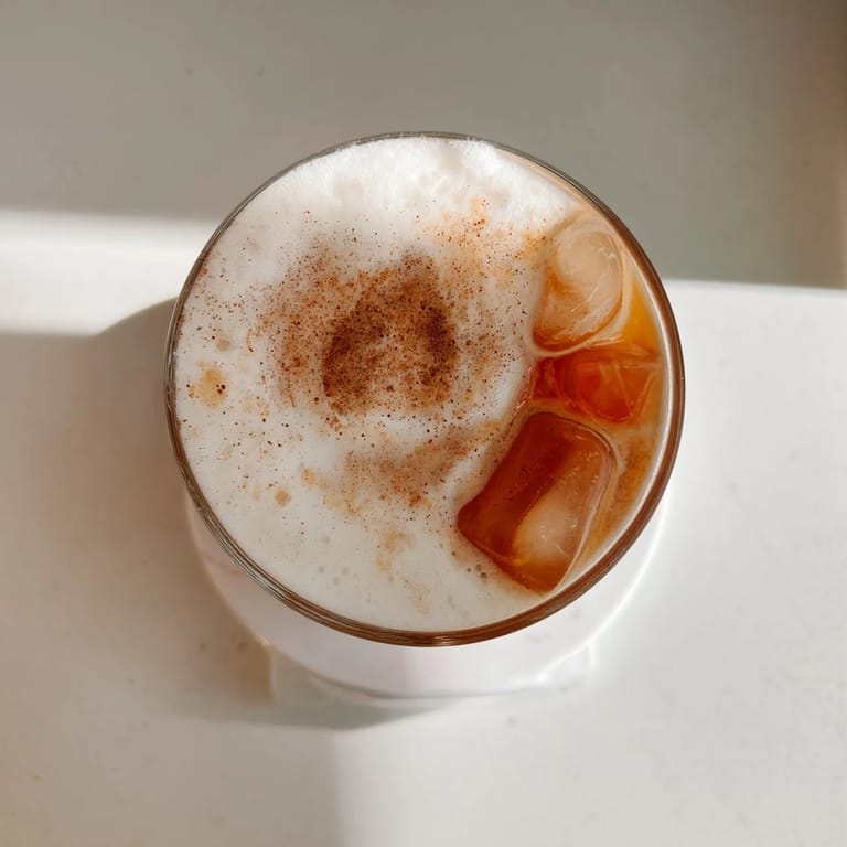 Chai concentrate poured over ice and topped with thick cold foam for a cozy, spiced drink.