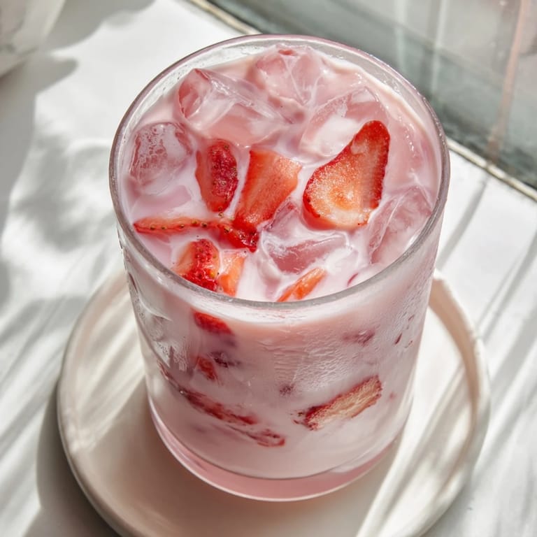 A top-down view of Copycat Pink Drink being poured over ice and strawberries in a glass, creating a frothy, refreshing pink beverage.