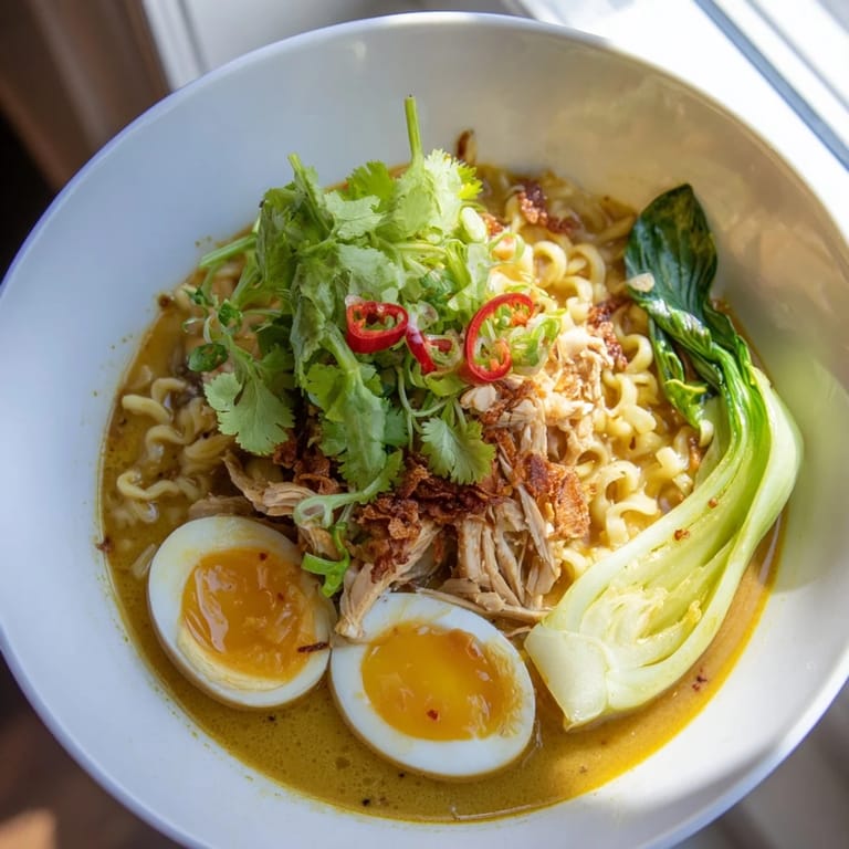 Uplifting Thai Miso Ramen Bowl with tender noodles, spicy chili slices, and golden chicken in a fragrant, umami-rich miso curry broth.