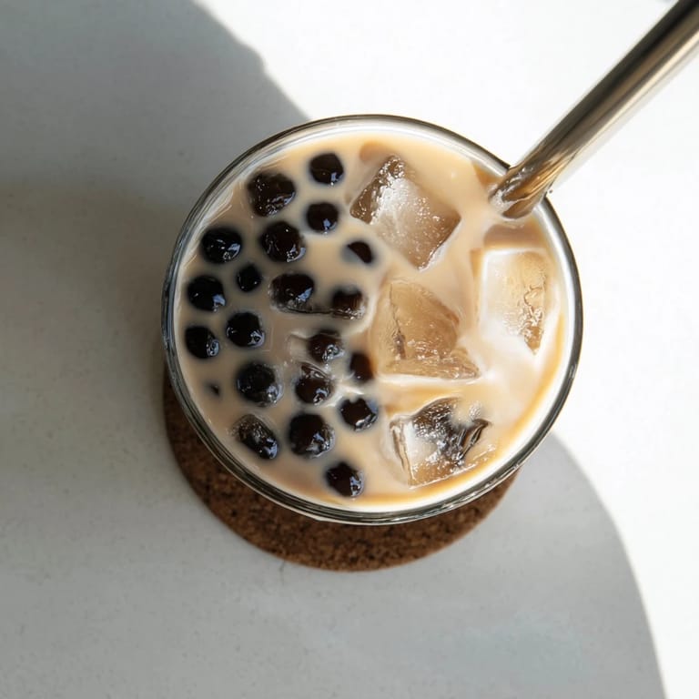 A tall glass of homemade bubble tea showcases sweetened condensed milk, black tea, and quick tapioca pearls over ice, ready to sip with a wide straw.