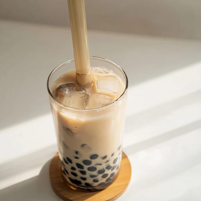 For a quick boba tea hack, brewed black tea is mixed with sweetened condensed milk and milk, poured over chewy tapioca pearls and ice.