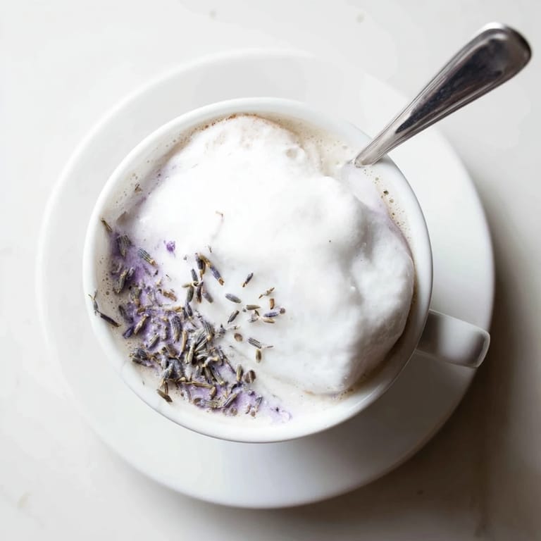 Whisked to perfection, the Whipped Lavender Latte reveals airy, floral foam over rich espresso, inviting a relaxing morning break in a sunlit kitchen.