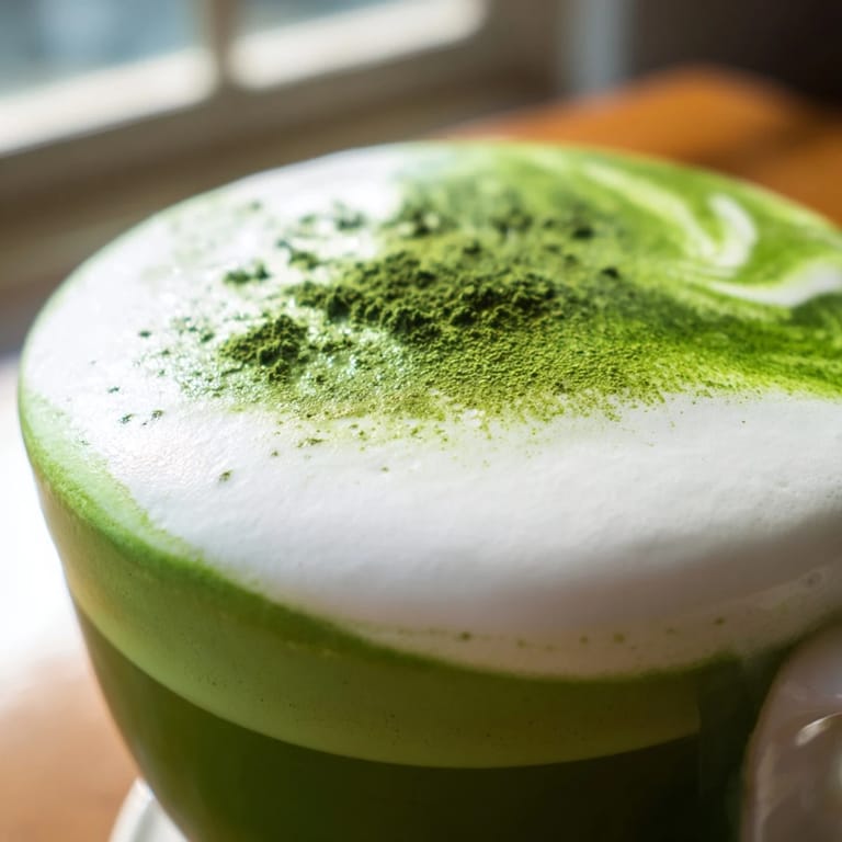 Freshly prepared matcha green tea latte garnished with a light dusting of matcha powder, highlighting its rich, smooth texture.