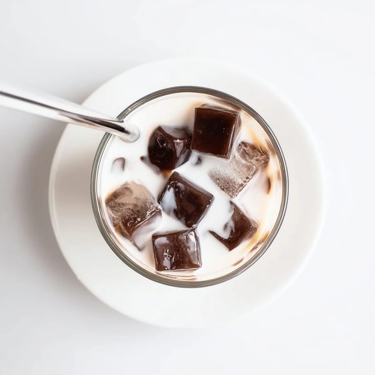 Sweet, creamy milk pours over glistening homemade coffee jelly cubes, creating a delightful iced beverage perfect for warm afternoons.