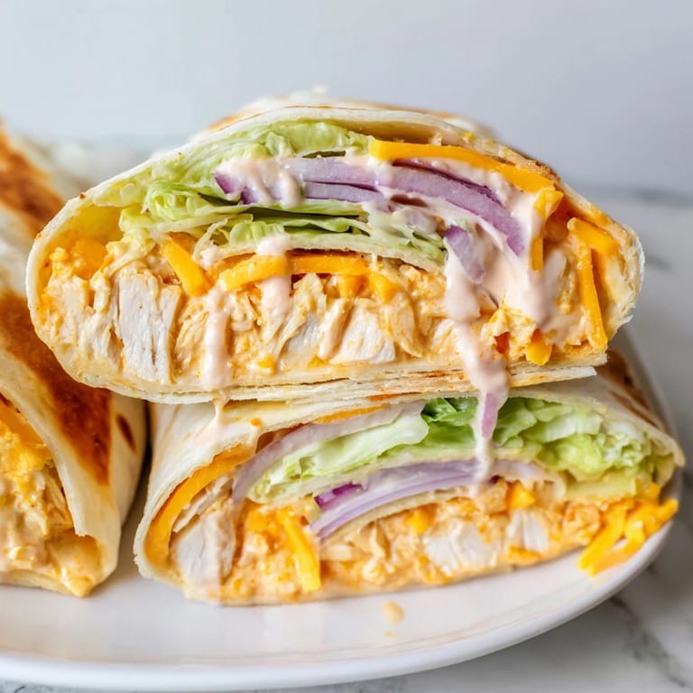 Freshly prepared Buffalo Ranch Chicken Wraps wrapped tightly in parchment paper, ready to serve for a quick and satisfying meal.