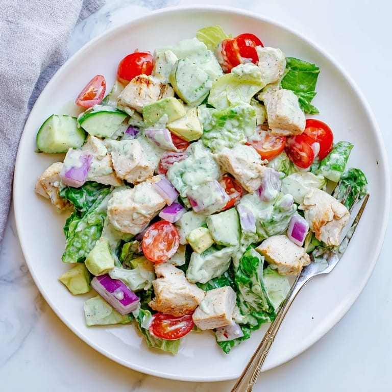 Avocado ranch chicken salad served in a white bowl over mixed greens, perfect for an easy weeknight dinner.  
