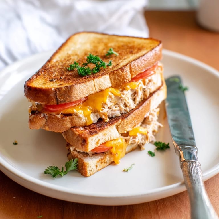 A classic American Spicy Tuna Melt sandwich garnished with fresh parsley, ready to be served with a side of pickles.