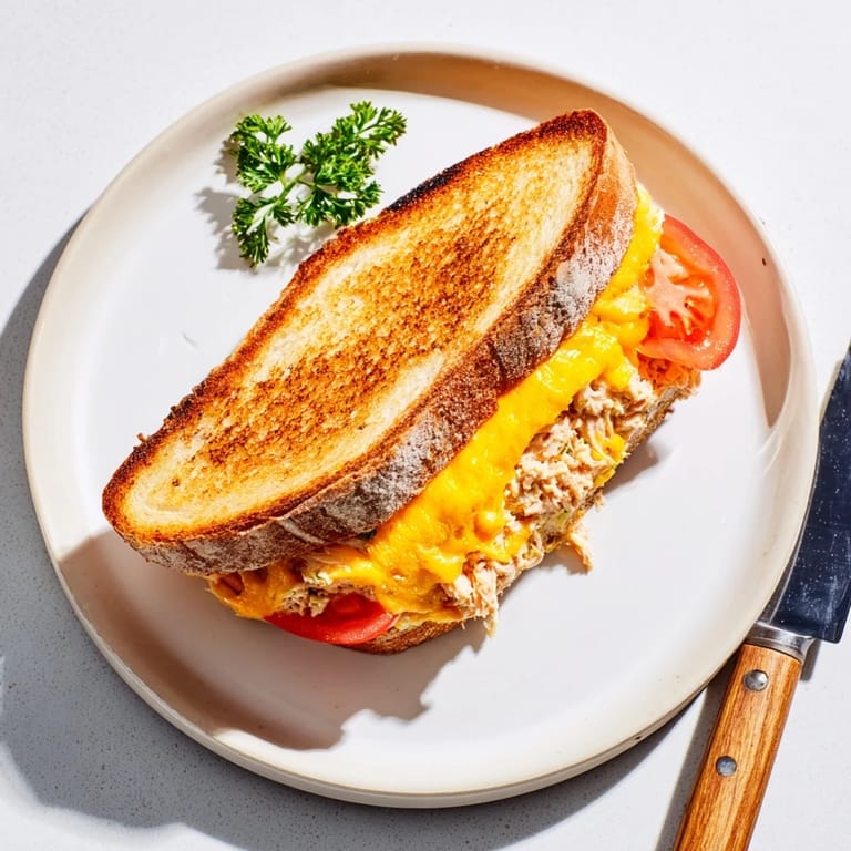A serving of Spicy Tuna Melt cut in half, revealing flaky tuna salad and gooey melted cheese on toasted bread.