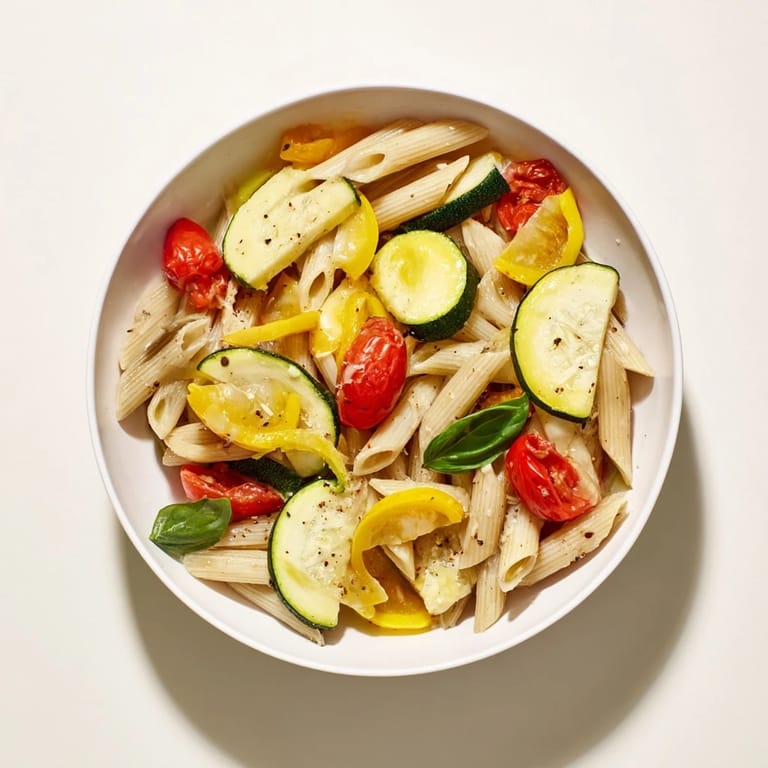 A fresh basil garnish crowns steaming Garden Veggie Pasta, plated beside a glass of Sauvignon Blanc for an easy summer dinner.