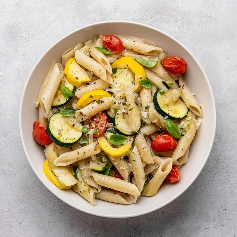 Earthy garlic and bright lemon zest highlight Garden Veggie Pasta with tender squash, juicy cherry tomatoes, and melted Parmesan over twirled noodles.