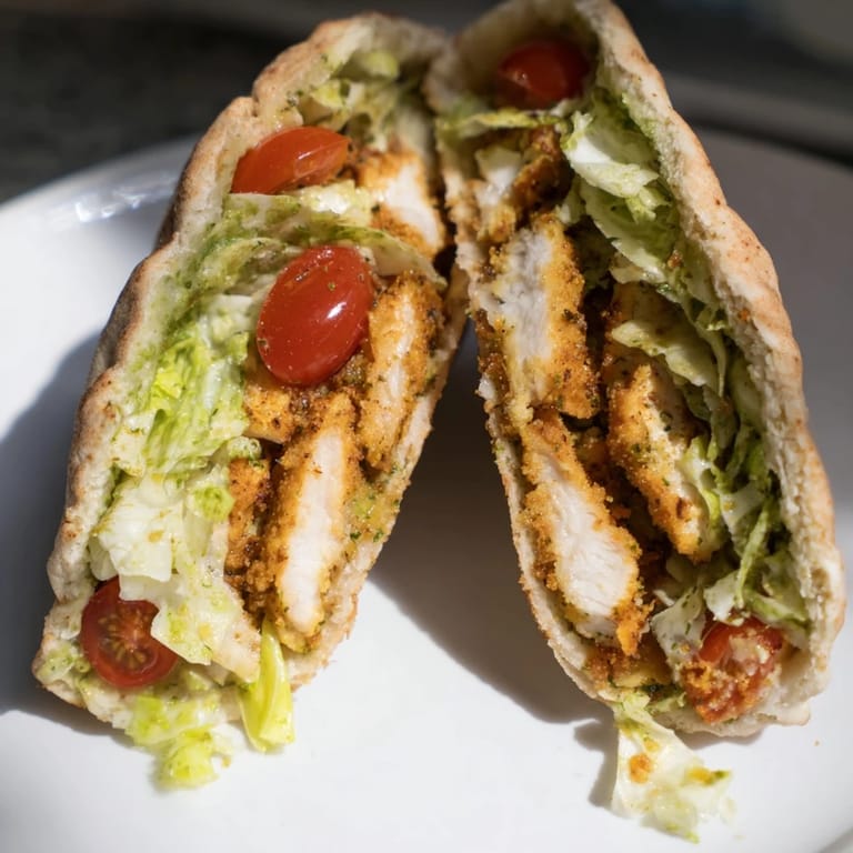 A close-up of golden herbed chicken Caesar pitas, showcasing crunchy panko crust and creamy Caesar dressing.