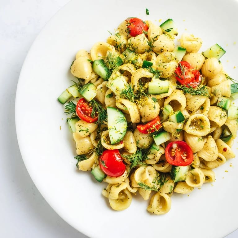 Close-up of Lemon Herb Chickpea Pasta Salad with visible herbs, red onion, and feta crumbles on a rustic wooden table, perfect for summer picnics.