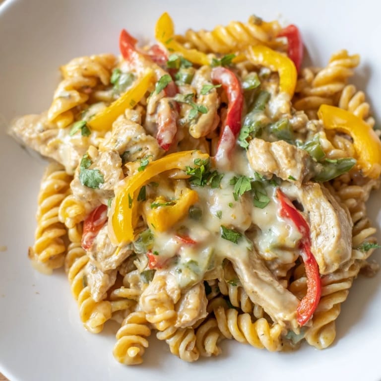 Ready-to-serve Fajita Chicken Pasta garnished with fresh cilantro and lime wedges, perfect for a quick weeknight family dinner.