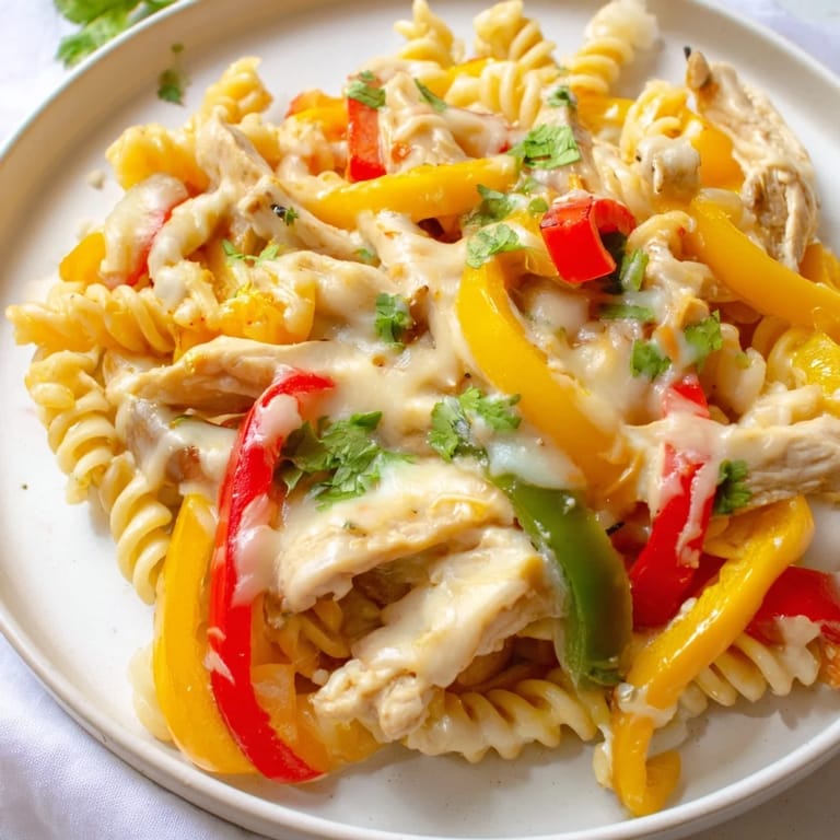 A close-up of Fajita Chicken Pasta in a cast-iron skillet shows golden pasta coated in creamy, cheesy Tex-Mex sauce.