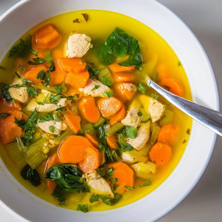 Vibrant golden broth with spinach and chicken, ready to serve alongside warm crusty bread for dipping.