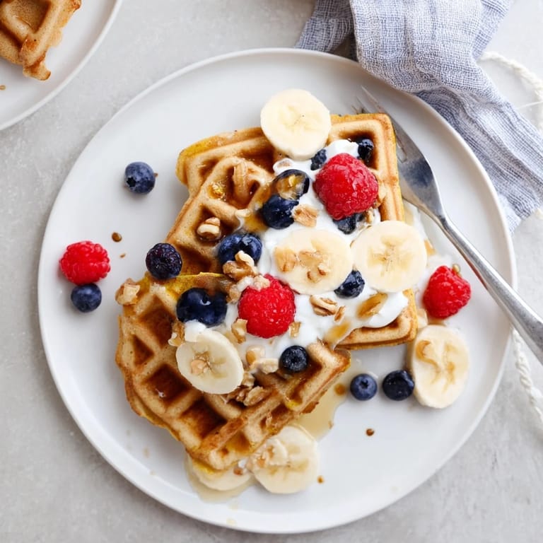Vivid golden Anti-Inflammatory Adaptogenic Turmeric Waffles stacked high, ready to serve with chopped nuts and honey for a nourishing meal.