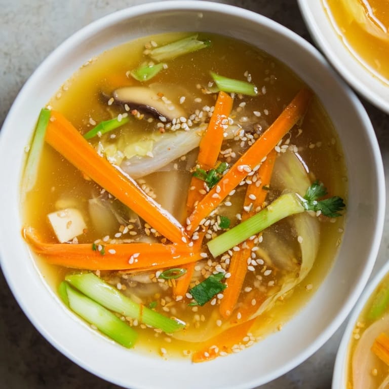 Close-up of Ginger-Miso Winter Soup featuring soft tofu cubes and a rich, golden broth garnished with cilantro.