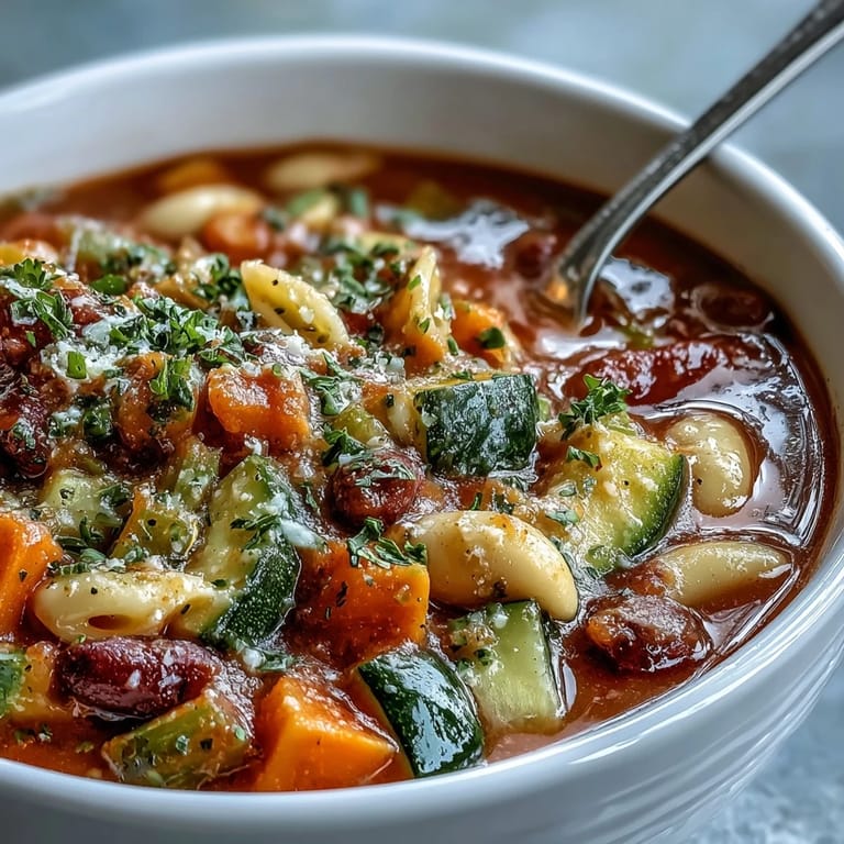 A rustic bowl of Minestrone Soup featuring vibrant chopped vegetables, white beans, and ditalini pasta.
