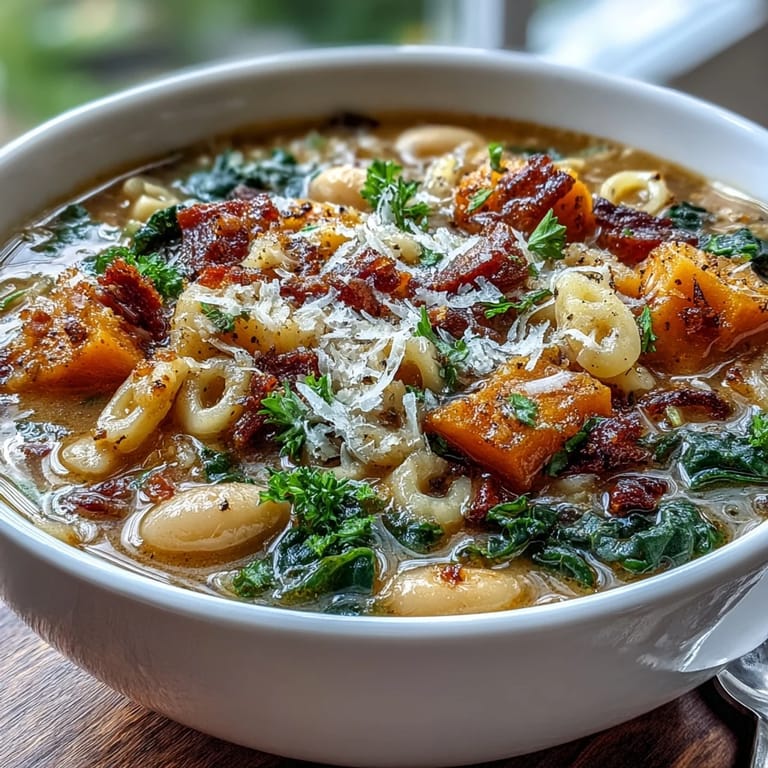 Spoon lifting creamy white beans and pancetta from a hot bowl of Fall Minestrone. Rustic autumn dinner ready in under an hour.