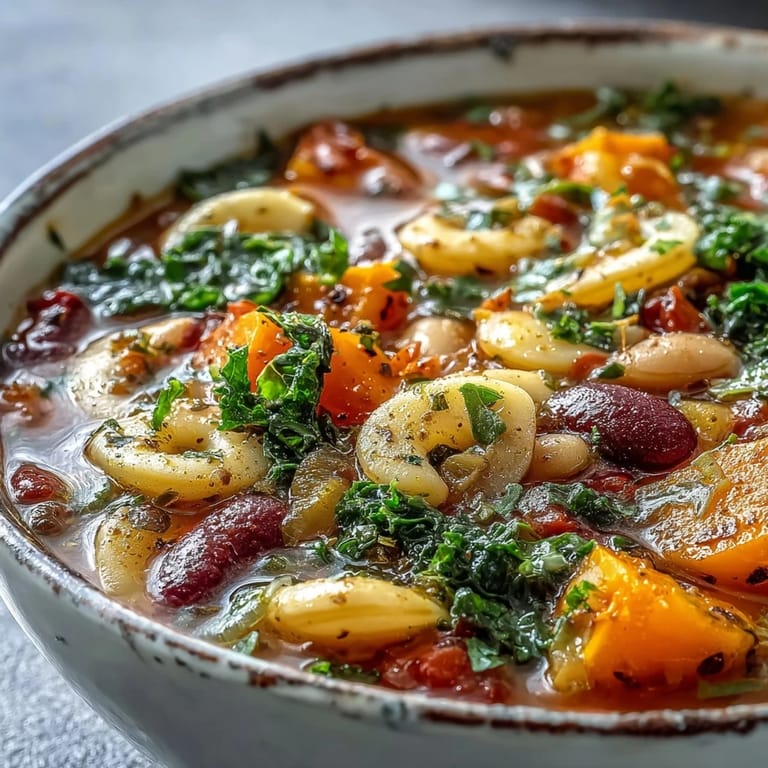Close-up of Winter Minestrone Soup showcasing tender butternut squash, kale, beans, and pasta in a rustic Italian-style bowl.