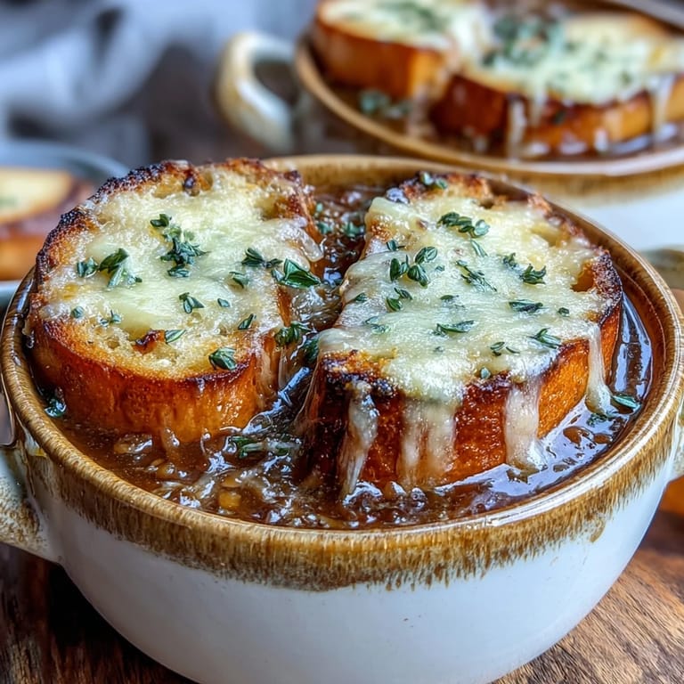 Golden-brown, bubbly Gruyère topping on Dutch Oven French Onion Soup, served in a rustic bowl.
