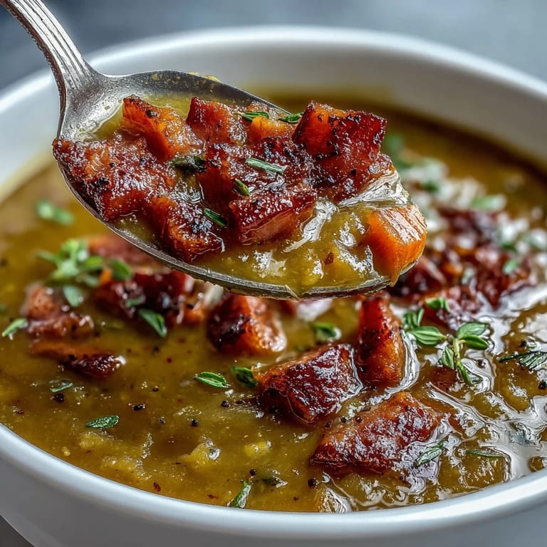 Homemade Split Pea and Ham Soup in a rustic bowl, featuring tender peas and chunks of savory ham.