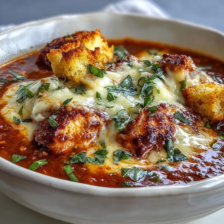 Cubed grilled chicken and garlic croutons top this comforting Grilled Chicken Parmesan Soup in a rustic bowl.