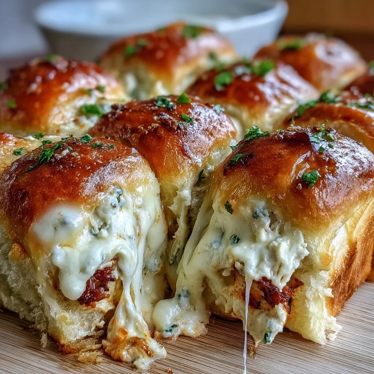 Cheesy Buffalo chicken Pizza Dip Sliders on soft Hawaiian rolls, bubbling with spicy dip and ready for a party appetizer spread.