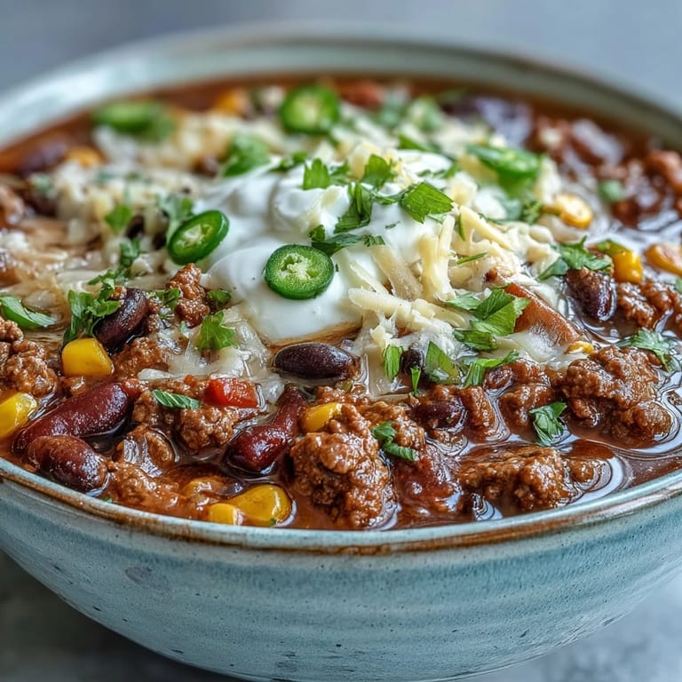 Ground beef, beans, and corn simmer in a richly spiced broth in this comforting Taco Soup.
